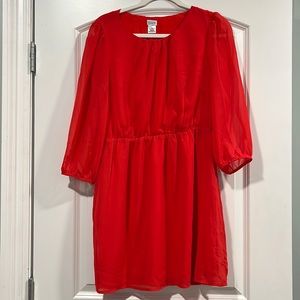 CHARMING CHARLIE Red Flowy Dress - Elastic Waist, Sheer 3/4 Sleeve Size Medium